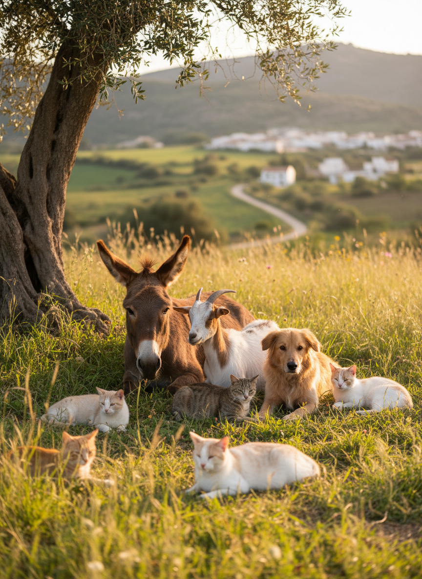 A small group of rescued animals gathered peacefully in a sunlit Spanish countryside paddock, featuring a gentle chestnut donkey, a speckled white-and-brown goat, a golden mixed-breed dog, and a few relaxed tabby cats lounging in the grass. They rest beneath the shade of an old olive tree, with rolling green hills of the Costa Blanca and distant white-washed village houses in soft focus. Warm late-afternoon golden hour light bathes their fur, creating soft highlights and long, gentle shadows. Photographic realism, eye-level composition with a shallow depth of field keeps the animals in sharp focus while the background fades into creamy bokeh, evoking a serene, safe, and loving sanctuary atmosphere.