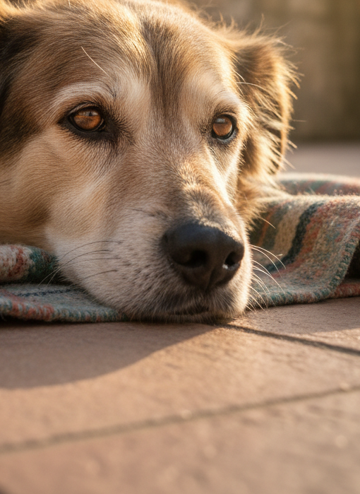 A close-up, intimate portrait of an elderly sanctuary dog with grey muzzle and kind amber eyes, lying on a soft, handwoven blanket atop a rustic tiled terrace. The fur is slightly unkempt yet clean, showing fine individual hairs and subtle color variations. Behind, several potted herbs and geraniums sit on a low wall, out of focus. Late afternoon Costa Blanca sunlight streams in from the side, creating warm rim lighting around the dog’s head and casting a gentle shadow across the tiles. Photographic realism, extremely shallow depth of field that blurs the background into soft color patches, focusing on the dog’s expressive gaze and conveying a mood of gratitude, safety, and quiet companionship.