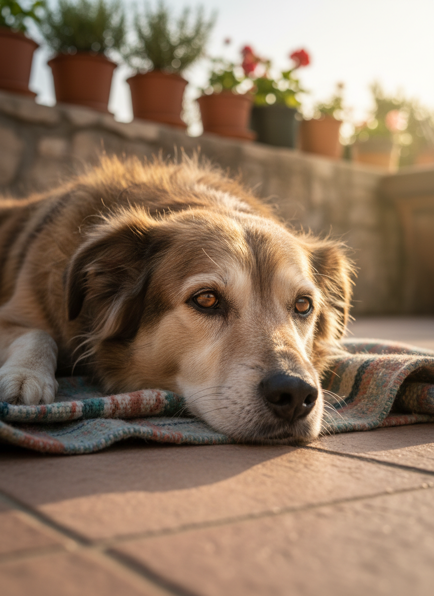 A close-up, intimate portrait of an elderly sanctuary dog with grey muzzle and kind amber eyes, lying on a soft, handwoven blanket atop a rustic tiled terrace. The fur is slightly unkempt yet clean, showing fine individual hairs and subtle color variations. Behind, several potted herbs and geraniums sit on a low wall, out of focus. Late afternoon Costa Blanca sunlight streams in from the side, creating warm rim lighting around the dog’s head and casting a gentle shadow across the tiles. Photographic realism, extremely shallow depth of field that blurs the background into soft color patches, focusing on the dog’s expressive gaze and conveying a mood of gratitude, safety, and quiet companionship.