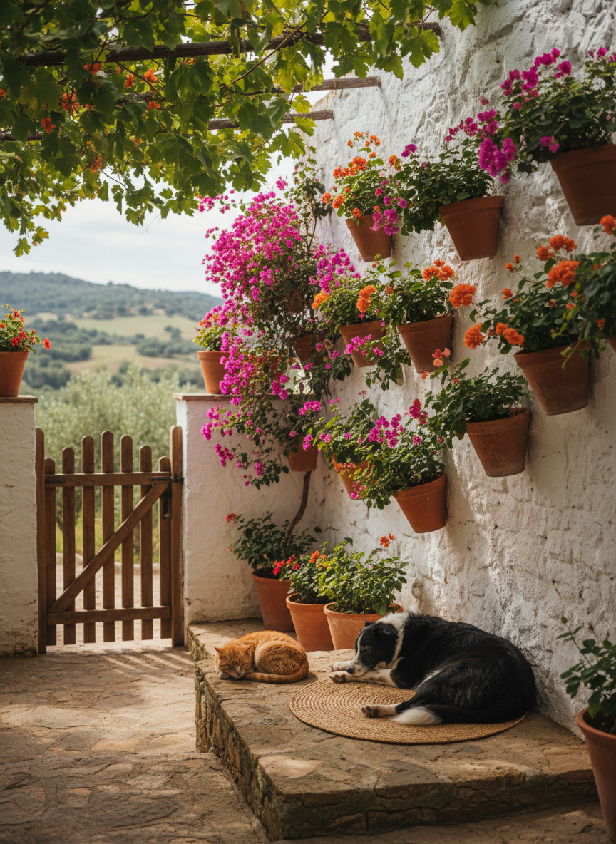 A tranquil courtyard of a small private animal sanctuary in Spain’s Orba/Jalon valley, with whitewashed stone walls, terracotta pots overflowing with bougainvillea, and a rustic wooden gate left slightly open. In the center, a rescued ginger cat dozes on a weathered stone step beside a calm, elderly black-and-white dog lying on a woven straw mat. Soft, diffused late-morning sunlight filters through grapevine leaves above, dappling their fur with gentle patterns. Photographic realism, captured from a slightly elevated angle using the rule of thirds, with crisp details in the foreground and a subtly blurred background that hints at green hills beyond, conveying warmth, safety, and quiet contentment.
