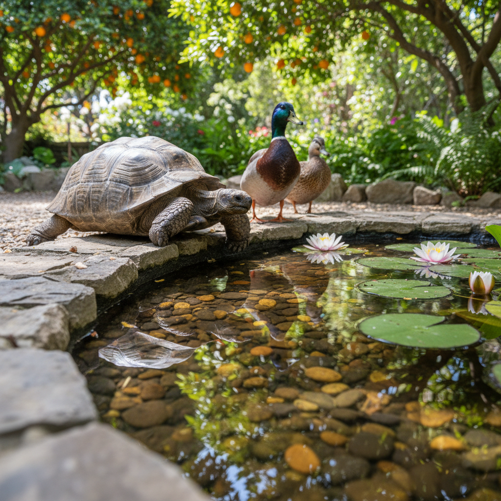 A lush, shaded corner of the sanctuary garden featuring a small, hand-built stone pond with clear water, smooth river pebbles, and aquatic plants like water lilies. On the pond’s edge, a rescued tortoise with a weathered, textured shell slowly makes its way toward the water, while a pair of curious sanctuary ducks with iridescent feathers stand nearby, their reflections visible in the surface. Dappled midday sunlight filters through overhanging citrus trees, creating bright highlights on the water and soft shadows on the stone. Photographic realism, shot from a low angle close to the pond, with crisp focus on the animals and a slightly softened background of the surrounding garden, evoking a calm, harmonious refuge for all species.