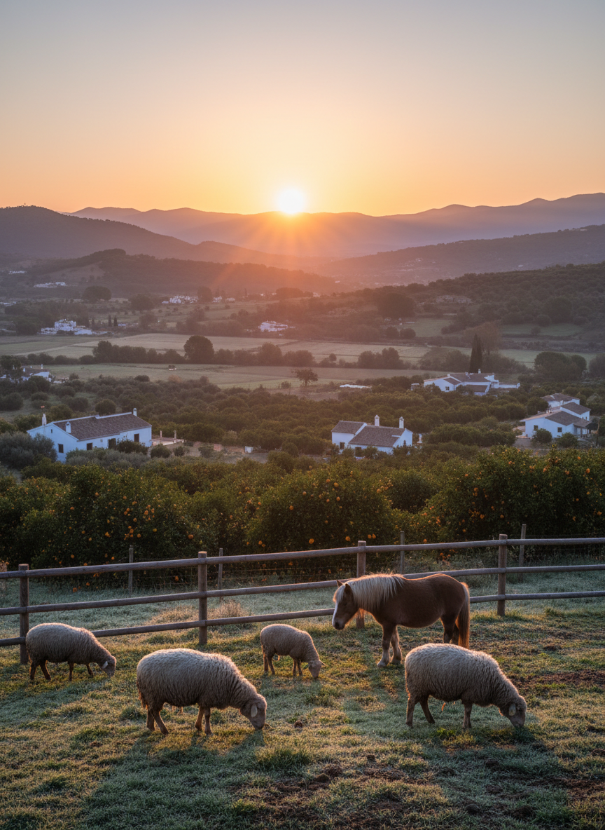 A panoramic view of the Orba/Jalon valley at sunrise as seen from the edge of an animal sanctuary paddock, with simple wooden fencing leading the eye into the distance. In the foreground, silhouettes of a few grazing rescue sheep and an elderly pony stand in dewy grass, their breath faintly visible in the cool air. The rising sun casts a soft golden-pink glow over layered hills, orange groves, and distant white Spanish farmhouses. Photographic realism, wide-angle composition with sharp focus from the grass blades to the far hills, creating an expansive, hopeful atmosphere that suggests new beginnings and the peaceful natural setting where the sanctuary animals live in safety.