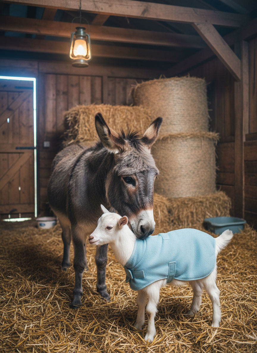 A cozy stable interior converted into a sanctuary retreat, with clean straw bedding, neatly stacked hay bales, and sturdy wooden beams showing the texture of aged pine. In the foreground, a rescued grey donkey with soulful dark eyes nuzzles a small, frail-looking white goat wearing a soft, pastel-colored fleece coat that suggests medical care. Soft, warm overhead barn lighting combined with cool daylight seeping through an open side door creates a balanced, comforting glow, highlighting the animals’ fur textures and gentle interaction. Photographic realism, shot at eye level with a shallow depth of field, emphasizing the emotional connection and care, while stable details recede softly into the background, reinforcing a mood of protection and healing.