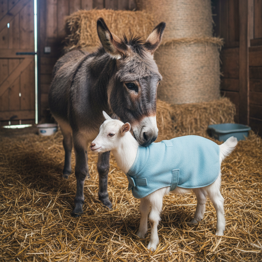 Kiki the donkey has a little friend: the very white 6 months old Goatie. Kiki was very lonely, for years on a chain in a dry field. Until we could take him to Animal Nirvana.